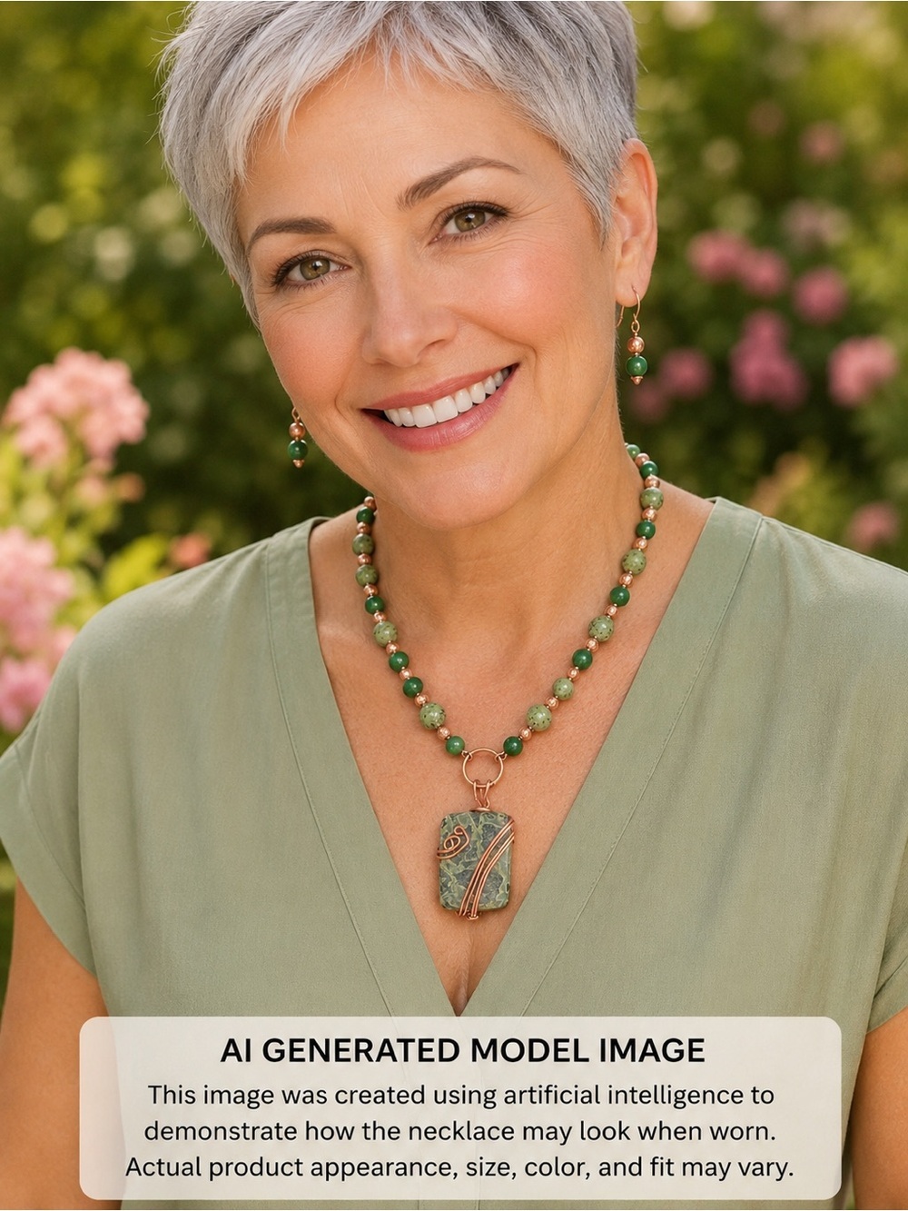 Green crocodile jasper Beaded Statement Pendant Necklace with Matching Earrings